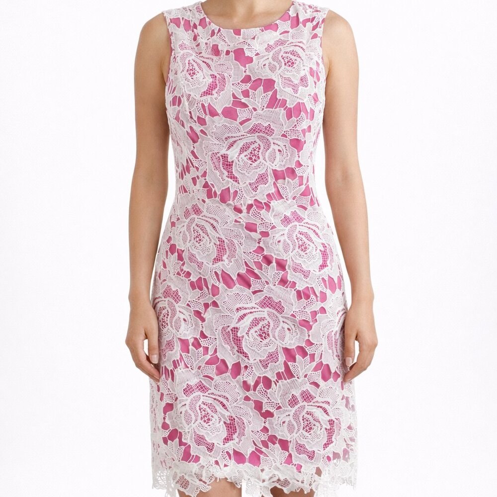 CHETTA B White Lace Overlay Sheath Dress Pink Sleeveless Floral Rose 14